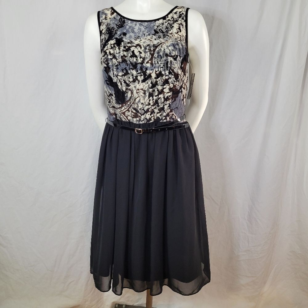 AB Studio Lined Sleeveless‎ Mesh Bodice Zipper Back Belted Dress Size 10